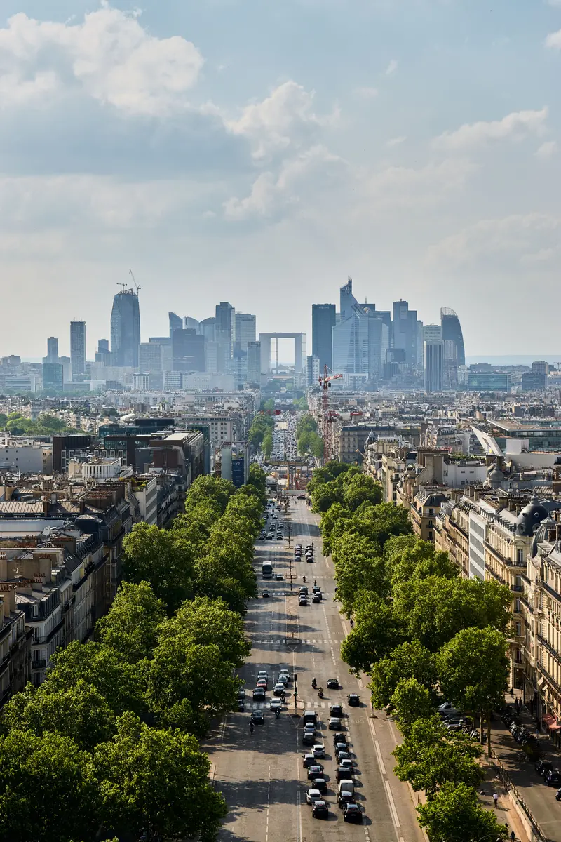 Une grande avenue européenne bordée d’arbres, avec un quartier d’affaires à l’horizon.
